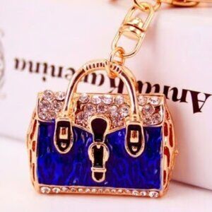 Lady's Blue Purse Goldtone Keychain Crystal Rhinestone Keyring Handbag Charm